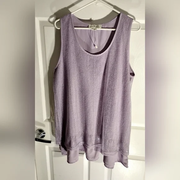 🦩SIMPLY NOELLE Plus Size Pullover Sleeveless Tunic Tank Lavender Mesh Overlay - Picture 10 of 16